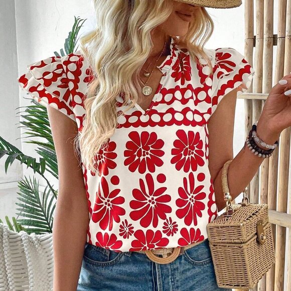 Multicolor Boho Women's Sleeveless V-Neck Blouse With All-Over Print - Picture 6 of 6